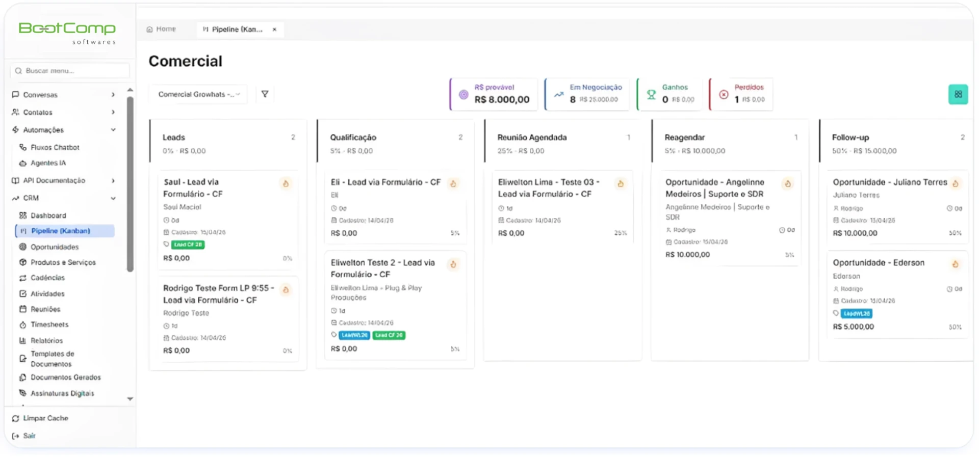 Tela do ChatBoot com o CRM em Pipeline Kanban mostrando leads, qualificação e follow-up