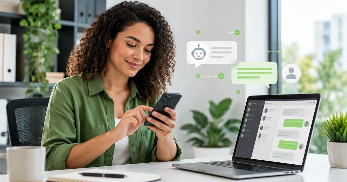 Pessoa usando o celular para conversar com um atendimento automatizado por Inteligência Artificial no WhatsApp