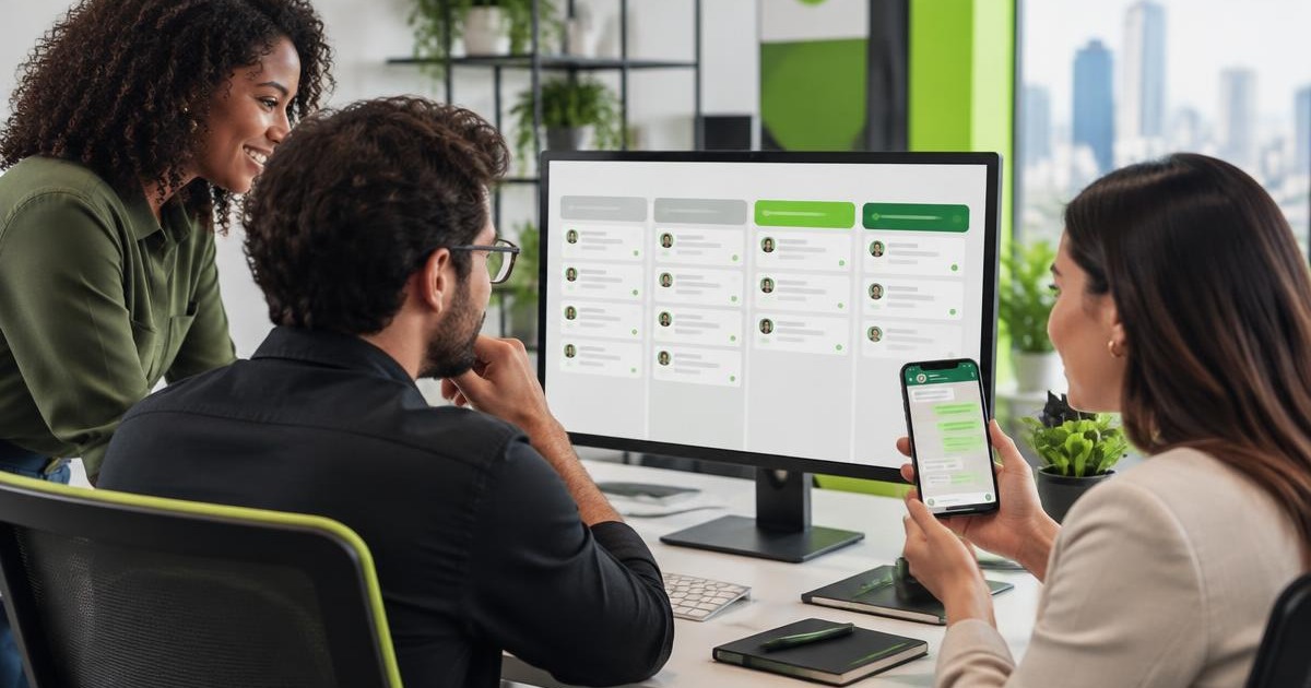 Equipe de vendas organizando negociações em um funil de CRM integrado ao WhatsApp