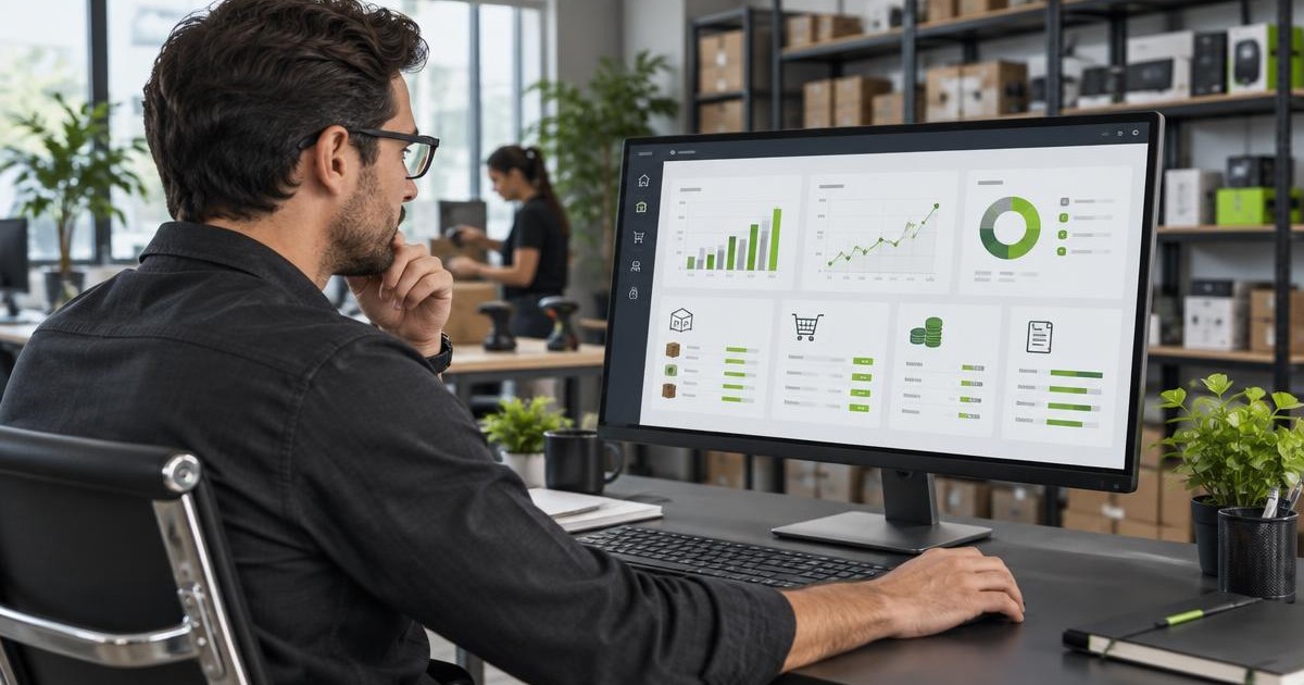 Gestor analisando relatórios integrados de estoque, vendas e financeiro em um sistema ERP